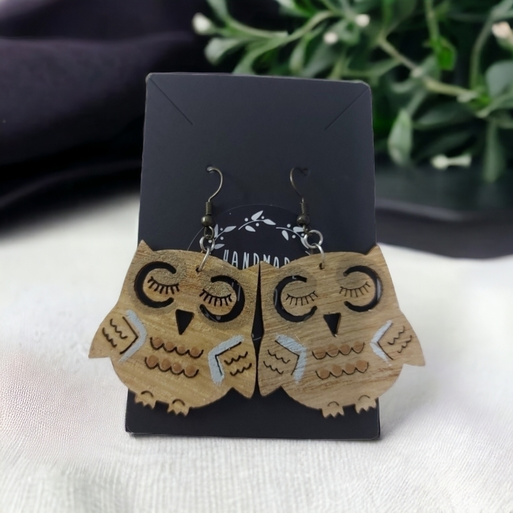 Handcrafted Sleepy Owl Wood Earrings